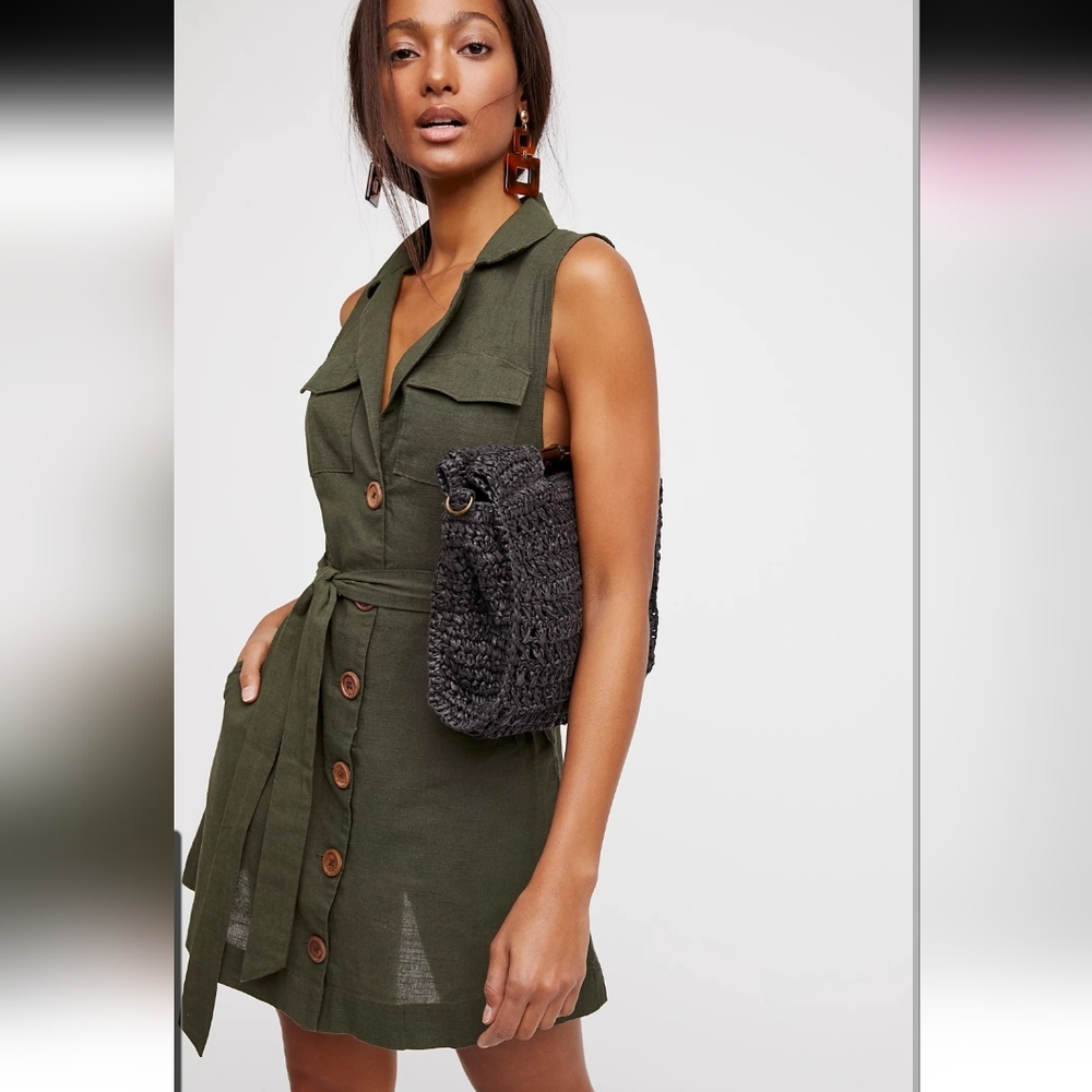 Free People Hepburn Safari Shirt Dress Moss Green Button Tie Belt Pockets Sz 10!